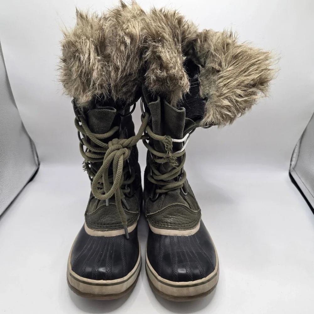 Sorel Joan of Arctic Winter Boot Olive Green Waterproof Faux Fur Snowboots Sz 8